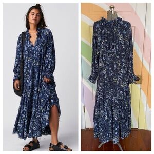 Free People Floral Boho Tiered Midi Dress Ruffle Neck Navy XS